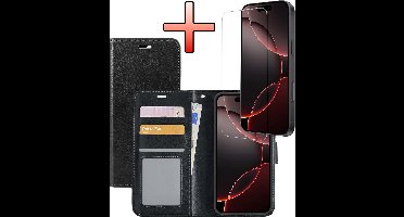 Hoesje - Met Screenprotector - Geschikt voor Apple iPhone 16 Pro - Luxe Pasjeshouder - Bookcase Portemonee - Flip Case - Kunstleer Book Case - Flipcase - Book Cover - Walletcase - Portemonneehoes - Zwart