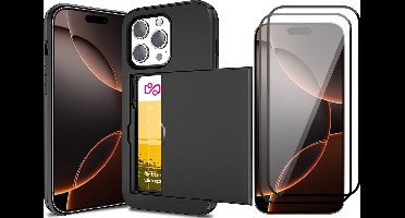 Hoesje met Pasjeshouder geschikt voor iPhone 16 Pro Max - 2x Screen Protector FullGuard - Back Cover SlideCase Zwart & Screenprotector