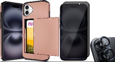 Hoesje met Pasjeshouder geschikt voor iPhone 16 Plus - Privacy Screenprotector FullGuard & Camera Lens Screen Protector Zwart - Back Cover SlideCase Roségoud
