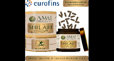 AMAS ORGANICS | 100% PURE HIMALAYAN SHILAJIT CAPSULES | ORGANIC & VEGAN | 60 CAPSULES | 800 MG | 80% FULVINEZUUR | RECYCELBARE GLAZEN POT | EUROFINS ANALYSE CERTIFICAAT AR-24-IR-061431-01 MEEGESTUURD BIJ ELKE BESTELLING