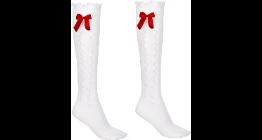 Haus Huberts Oktoberfest Kniekousen Dames - Wit Met Rode Strik - Tiroler Kousen - Oktoberfest Dames - Maat 39-42