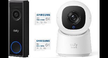 eufy Security C30 2K Draadloze Video Deurbel 2K FHD - Accu Zwart + eufy Security C220 indoorcam + 2X SAMSUNG MicroSDXC 64GB PRO - Bundel