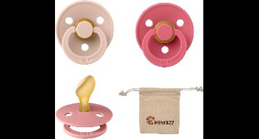 Bibs Dental fopspenen Anatomical 6-18 maanden- Set 3 stuks- Coral, Dusty Pink, Blush + Monkiezz speenzakje - orthodontisch- Anatomisch- Maat 2