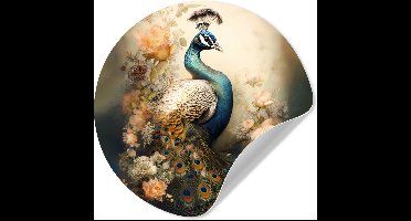 WallCircle® - Behangcirkel 30x30 cm - Muurstickers Pauw - Pauwenveren - Bloemen - Vogels - Botanisch - Muurcirkel woonkamer - Wandcirkel slaapkamer - Kamer decoratie zelfklevend - Muurdecoratie accessoires