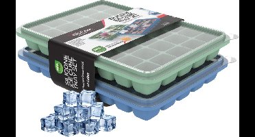 KitchenLove Siliconen IJsblokjesvorm met Deksel (2 Stuks) - 80 Kleinere IJsblokjes - Vierkant - BPA Vrij - 100% Silicone - Groen & Blauw