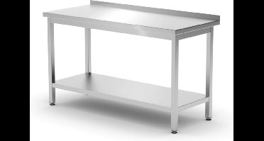 HENDI Muurwerktafel met opstaande rand en schap – 1400x600x x(H)850 mm – roestvast staal – verstelbare poten