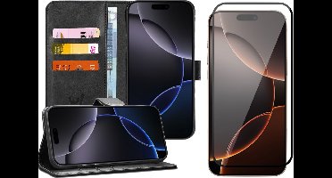 Hoesje geschikt voor iPhone 16 Plus - Screenprotector Volledig Dekkend Glas - Portemonnee Book Case Zwart