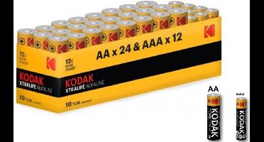 Kodak Xtralife alkaline AA AAA 1.5V Powerbox - 36 Stuks (24x AA + 12x AAA)