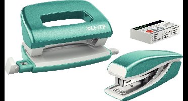 Leitz WOW Metalen Mini Nietmachine En Perforator Set - Inclusief Nietjes - IJsblauw Metallic - Ideaal Voor Thuiskantoor/Thuiswerkplek