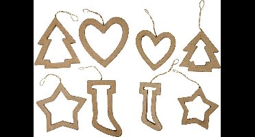 Kerst Ornamenten - Papier Maché Kerstdecoratie - Jute Ophangkoord - Kerstdecoratieset - 4 Designs - 9+12 cm - 24 Stuks