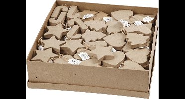 Kersthangers - Kerstdecoratie - Handgemaakte Kerstversiering - Papier-maché Kerstvormen - Kerstversiering Hangers - Kerstboomversiering - 6 Vormen - 174 Stuks - Jute Ophanglus