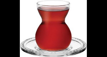 Pasabahce - theeglazenset - Etnik 12-delig - Turkse theeglazen - transparant - 6 glazen & 6 schoteltjes