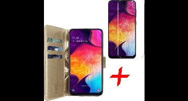 Hoesje geschikt voor Samsung Galaxy A30s - Screen Protector GlassGuard - Book Case Kunstleer Pasjeshouder Goud & Screenprotector