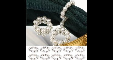Parels Servetringen Set van 10 - Elastische Servet Houders met Strass - Luxe Tafeldecoratie voor Bruiloft & Diner - Handgemaakt - Wit
