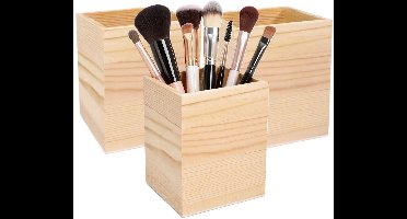 Excellent Houseware Make up organizer bakje - 3x - hout - 8 x 8 x 10 cm - vierkant - sorteerbakje - kwasten