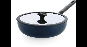 BK Enjoy Wokpan 28cm – 4.2L – PFAS-vrije antikleeflaag – Wokpan inductie – Keramische pan - Ovenbestendig tot 160°C – Koudgrepen - Met glazen deksel - Oxford Blue