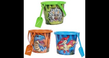 PIA Soft Toys-Set van 3 - 3D dinosaurus emmer & schep 3 ass. (Pterodactylus/Triceratops/T-rex) - Blauw/Groen/Oranje -18,5 cm x 15 cm x 15 cm