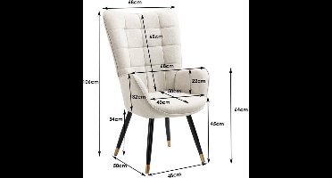 Fauteuil – Loungestoel – Relaxstoel – Nordic Chair – Leesstoel – Beige Stoffering – Zachte Gewatteerde Zitting & Armleuningen – Zwart-Gouden Metalen Poten – 71x66x106 cm
