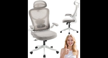 Bureaustoel – Kantoorstoel – Office Chair – Draaistoel – Bureaustoelen – Verstelbare Lendensteun – Memoryfoam Zitting – 360° Draaibaar – 90° Opklapbare Armleuningen – Met Hoofdsteun – Wit/Grijs