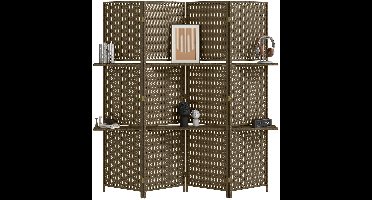 JAQZY Kamerscherm - Roomdivider - 4 Panelen - 2 Planken - 181 × 180 cm - Privacy - Stijlvol - Gevlochten Papiervezels - Bruin