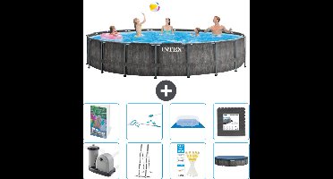 Intex Rond Prism Frame Greywood Zwembad - 549 x 122 cm - Inclusief Pomp - Ladder - Grondzeil - Afdekzeil - Schoonmaakset - Vloertegels - 9-delig