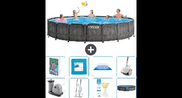 Intex Rond Prism Frame Greywood Zwembad - 549 x 122 cm - Inclusief Pomp - Ladder - Grondzeil - Afdekzeil - Vloertegels - Stofzuiger - 9-delig