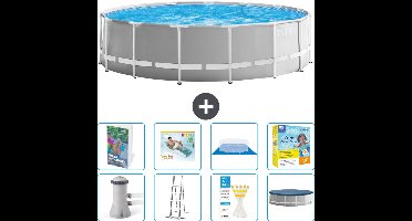 Intex Rond Prism Frame Zwembad - 457 x 122 cm - Grijs - Inclusief Pomp - Ladder - Grondzeil - Afdekzeil - Loungebed - Onderhoudspakket - 9-delig