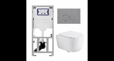 QeramiQ Dely Swirl Toiletset - 36.3x51.7cm - Geberit UP320 inbouwreservoir - met Burda frame - slim zitting - bedieningsplaat licht grijs - ronde knoppen - wit mat