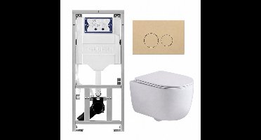 QeramiQ Dely Swirl Toiletset - 36.3x51.7cm - Geberit UP320 inbouwreservoir - met Burda frame - slim zitting - bedieningsplaat beige - ronde knoppen - wit mat
