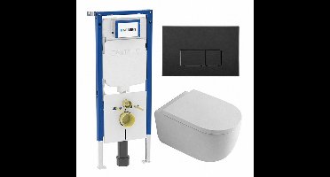QeramiQ Dely Swirl Toiletset - 36.3x51.7cm - Geberit UP720 Duofix Sigma inbouwreservoir - 35mm zitting - mat zwarte bedieningsplaat - rechthoekige knoppen - wit glans