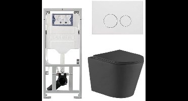QeramiQ Dely Toiletset - 36.3x51.7cm - diepspoel - rimless - Geberit UP320 inbouwreservoir - met Burda frame - softclose toiletzitting - mat witte bedieningsplaat - ronde knoppen - mat zwart