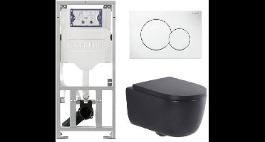 QeramiQ Dely Swirl Toiletset - 36.5x53cm - Geberit UP320 inbouwreservoir - met Burda frame - 35mm zitting - witte sigma bedieningsplaat - ronde knoppen - mat zwart