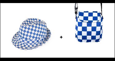 1x Festival hoedje geblokt blauw/wit + 1x Festival tas blauw/wit 15cm x 17cm - Festival Oktoberfest themafeest evenement party verjaardag