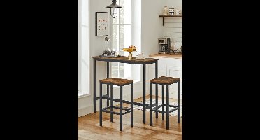 Bartafelset - Hoge Tafel - Metalen Frame -Industrieel Ontwerp - Voor Eetkamer - Woonkamer - Vintage Bruin - (100 x 40 x 90 cm) met 2 Barkrukken (elk 30 x 40 x 65 cm) - Zwart