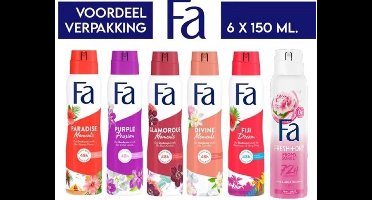 Fa Deodorant 6 x 150 ml - Voordeelverpakking - Try Out Pakket - Paradise Moments, Purple Passion, Glamorous Moments, Divine, Fiji & Sweet Rose