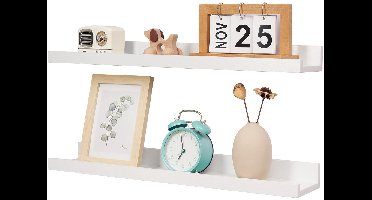 Set van 2 houten zwevende planken - Wandplanken met rand - Prentenplank - Displayplanken voor kinderkamer, woonkamer, keuken, badkamer - Wit