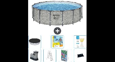 Bestway Rond Steel Pro MAX Zwembad - Steenprint - 488 x 122 cm - Inclusief Pomp - Ladder - Afdekzeil - Onderhoudspakket - Solar Mat - 8-delig