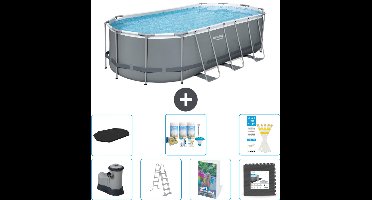 Bestway Ovaal Power Steel Zwembad - 549 x 274 x 122 - Grijs - Inclusief Pomp - Ladder - Afdekzeil - Onderhoudspakket - Vloertegels - 8-delig