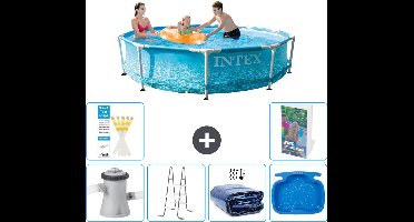 Intex Rond Frame Zwembad - 305 x 76 cm - Waterprint - Inclusief Pomp Ladder - Solarzeil - Voetenbad - 7-delig