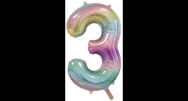 Folieballon cijfer 3 regenboog pastel, 86cm