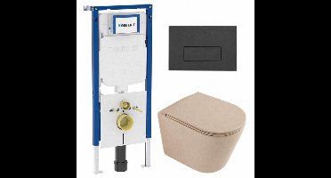 QeramiQ Dely Toiletset - 36.3x51.7cm - diepspoel - rimless - Geberit UP720 inbouwreservoir - softclose toilet zitting - bedieningsplaat antraciet mat - rechthoekige knoppen - mat beige