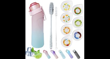 Waterfles Van 650ml - Met Lekvrije Klapdeksel - Met 7 Smaakcapsules - Bpa-Vrije Sportdrinkfles Met Rietje - Vaatwasmachinebestendig -Waterfles Met Draagriem - Met 2 Komborstels - Roze Met Kleurverloop