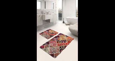 Badmat antislip 2 stuk set - 60x100 & 50x60 - Wc mat - Toiletmat - Zacht - Patchwork patroon - Badkamermat voor badkamer
