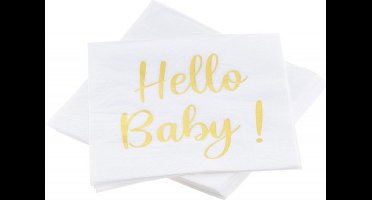 Chaks Baby kraamfeest/geboorte servetten - Hello Baby! - 20x - wit/goud - babyshower - 33 cm