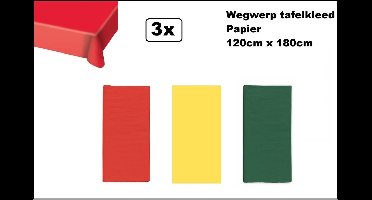 3x Wegwerp tafelkleed papier rood/geel/groen 120cm x 180cm - Carnaval Thema feest festival thema feest evenement gala
