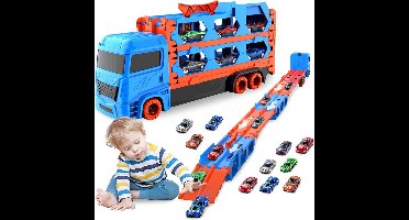 oCreon Transporttruck voor Speelgoedauto's met 12 Raceauto's - Draagbare Racebaan voor Jongens 3-6 Jaar