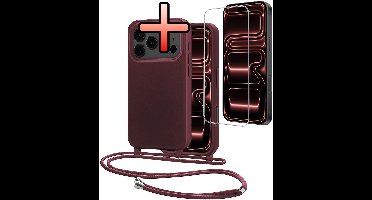 Hoes Geschikt voor iPhone 17 Pro Max Met Telefoonkoord Met Screenprotector - Siliconen Hoesje Backcover Met Ketting - Aubergine