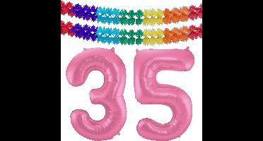 Folat Verjaardag Leeftijd folieballon - 35 jaar - roze - 86 cm - cijferballon groot - incl 2x feestslingers