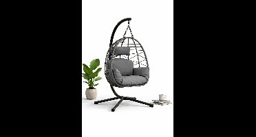 HOB Egg Chair - Hangstoel op Standaard - Tuinstoel - Met Kussen en Hoes - tot 130 KG - In hoogte verstelbaar - Zwart/Grijs