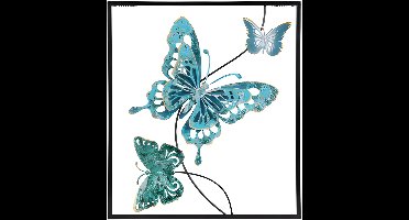 Pro Garden Wanddecoratie vlinder - blauw - 43 x 38 cm - metaal - metalen frame met vlinders